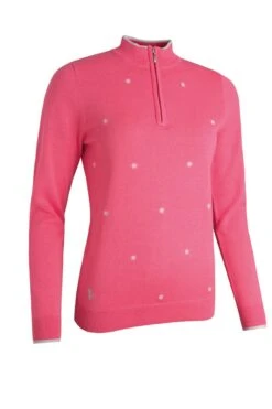 Glenmuir Ladies Zip Neck Embroidered Flower Cotton Golf Sweater Sorbet/White