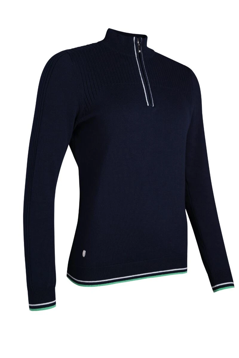 Ladies Zip Neck Rib Detail Cotton Golf Sweater Navy/White/Spring Green 3 Ladies Zip Neck Rib Detail Cotton Golf Sweater Navy/White/Spring Green